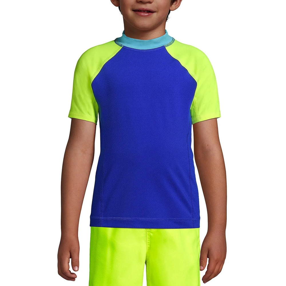 NWT Lands' End Rashguard Short Sleeve Swim Top Electric Blue Colorblock Boys XL